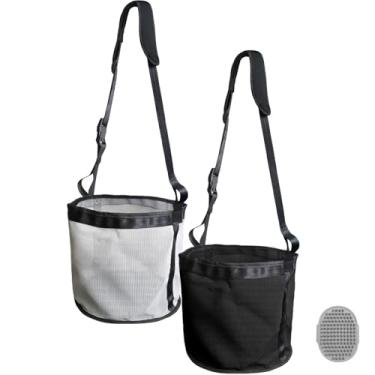 Imagem de HYLEBOR Bolsa de alimentação para cavalos, pacote com 2 unidades de nylon resistente com alça elástica ajustável, sacos de alimentação de malha com almofada de pescoço confortável para focinheira