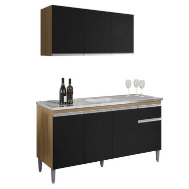 Imagem de Balcão De Pia Tatiane 145 Cm E Armário Aéreo Andreia 3 Portas 120 Cm Amêndoa Preto – Ajl