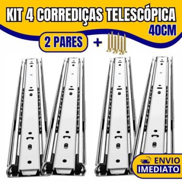 Imagem de Kit 4 Corrediça Telescópica Light 40cm Zincada H35 Trilha Para Gaveta 
