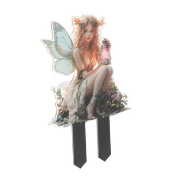 Imagem de Ｂｅｓｇａ Estaca de jardim ao ar livre, placa de quintal, estaca decorativa 2D à prova d'água para plantas em vasos, para calçada, quintal, gramado, Fada com Lâmpada