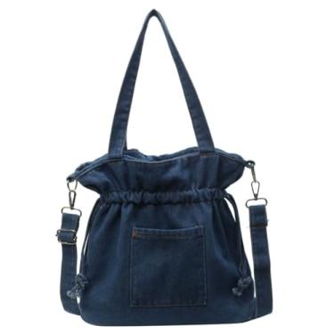 Imagem de Bolsa feminina de lona jeans com cordão, bolsa tiracolo de ombro, vintage, bolsa de viagem, Azul-claro, Free