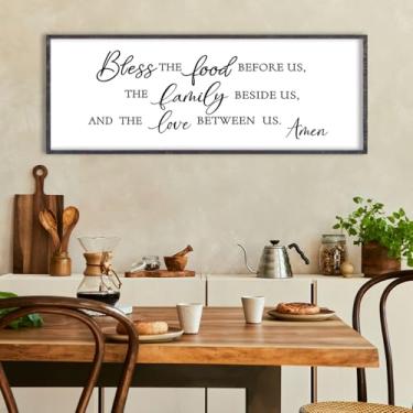 Imagem de LuZhiQiang Decoração de parede para sala de jantar 81 x 30 cm, Bless The Food Before Us, placa de cozinha cristã, citação de família agradecida, moldura de madeira católica, grande, arte para pendurar