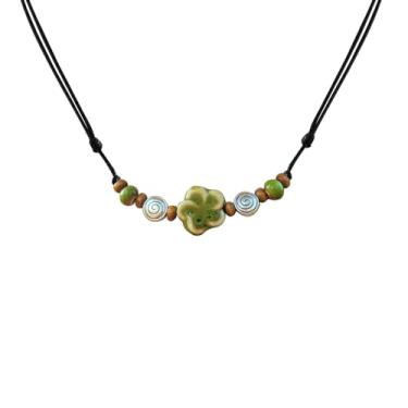 Imagem de Gracayfr Colar boêmio de cerâmica com contas, floral, espiral, espiral, Y2K, hippie, ajustável, preto, cordão, gargantilha para mulheres, Zinco, Sem Pedra Preciosa