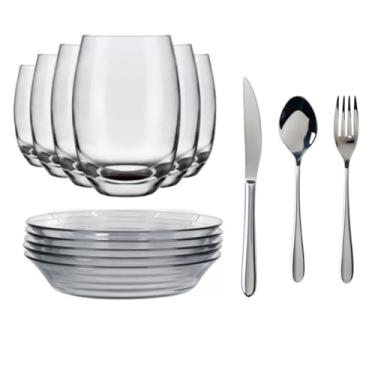 Imagem de Jogo de Jantar 6 Lugares com Copos Long Drink 450ml, Pratos de Jantar Astral 22cm e Talheres - Conjunto Completo de Louças e Aparelhos para Jantar