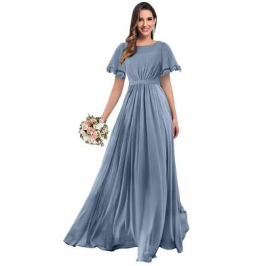 Imagem de Vestido de dama de honra Mollyevers A Line Chiffon Dusty Blue Tamanho 