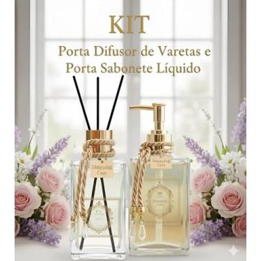 Imagem de Kit Banheiro Porta Sabonete + Porta Difusor Vidro com Válvula Dourada 