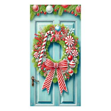 Imagem de BlissYard Guirlanda de Natal para pendurar na porta de bengala de doces 89 x 189 cm, guirlanda de hortelã-pimenta, decoração de férias com laço vermelho para porta da frente, varanda, ambientes