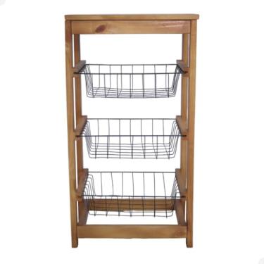 Imagem de Fruteira de Chão com Cestos Organizador Multiuso Madeira Maciça(Verniz)