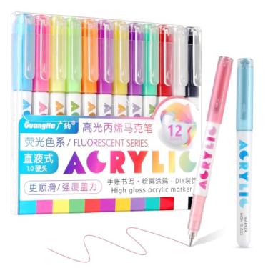 Imagem de Marcadores de tinta acrílica, marcadores de acrílico de 12 cores com ponta de bala, cobertura forte, grande capacidade de tinta, canetas de tinta multiuso para pintura rupestre, artesanato, bricolagem