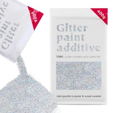 Imagem de TORC Aditivo de tinta brilhante prata iridescente - pó de glitter de vários tamanhos para tinta acrílica, paredes, móveis de madeira e artesanato (400 g) - uso interior/exterior em todos os
