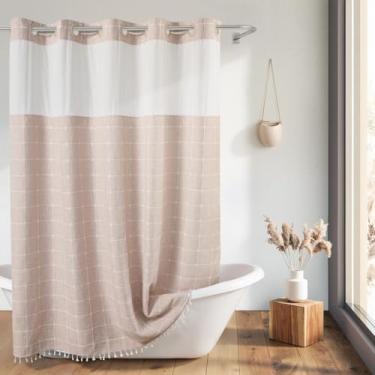 Imagem de River Dream Cortina de chuveiro rosa Farmhouse com forro de encaixe, conjunto de cortina de chuveiro sem ganchos, com borlas para decoração de banheiro, cortina de chuveiro e forro com janela