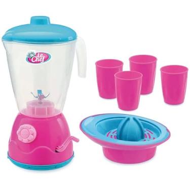 Imagem de Kit Liquidificador Infantil com Manivela, Espremedor e 4 Copos, Polipropileno, Rosa e Azul, 35cm x 25cm, Brinquedo de Cozinha