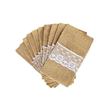 Imagem de YYBOES Conjunto de talheres de juta natural, 50 peças, facas e garfos, suporte de bolsa de prata e decoração de casamento de festa de renda