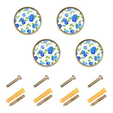 Imagem de Burbuja Maçanetas de armário de cozinha Blue Flowers, pacote com 4, puxadores redondos de 3,5 cm, puxadores de cômoda com parafusos para armários de cozinha, quarto, armário