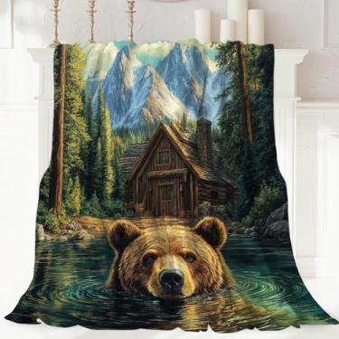 Imagem de Cobertores de acampamento de caça, manta rústica de flanela com arte de lago de urso quente, macio, aconchegante e fofo, manta de lã para decoração de quarto e quarto, 127 x 152 cm