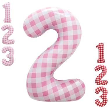 Imagem de Balão guingão rosa número 2 de 101 cm | Balão quadriculado grande para bebês meninas, decorações de festa de 2º aniversário, rosa, 2 balões