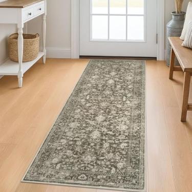 Imagem de KILOCOCO Corredor de corredor 2x5 tapete de cozinha estampado vintage floral lavável antiderrapante para corredores tapetes de lavanderia tapete boho envelhecido para quarto, cinza-acastanhado