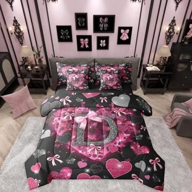 Imagem de Erosebridal Conjunto de cama solteiro com letra W com laço preto e rosa, alfabeto | Conjunto de edredom kawaii com laço, corações de amor, glitter, estampa de leopardo, cama em uma bolsa, guepardo