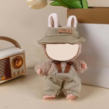 Imagem de Compatível com Labubu (sem boneca) - Conjunto de roupas de trabalho vintage cáqui (YYDS - chapéu de pescador etiquetado + macacão), roupas de boneca de 15 cm/17 cm (Cáqui)