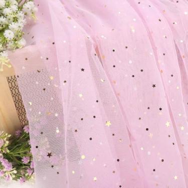 Imagem de HAVII 149,9 cm x 2 jardas rosa claro glitter tule rolos estrela lua lantejoulas tule parafuso de tecido para fotografia adereços de fundo tutu saia de mesa DIY costura artesanato decoração de festa de