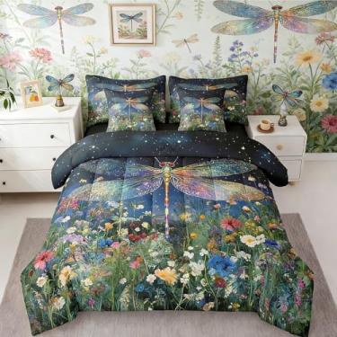 Imagem de Erosebridal Jogo de cama Queen com estampa de libélula, 7 peças, lençol com estampa de borboletas sonhadoras, planta da selva, botânica, decoração de quarto, estética