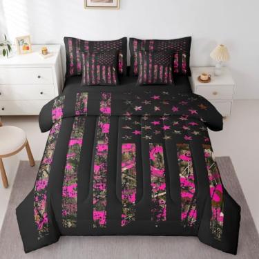 Imagem de Feelyou Conjunto de cama de camuflagem rosa choque para meninos e meninas, solteiro, camuflado, selvagem, 7 peças, para crianças, mulheres, homens, caça, cama em uma bolsa com edredom, lençóis,