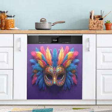 Imagem de ATTX Máscara colorida Mardi Gras capa magnética para lava-louças | Adesivo decorativo de eletrodomésticos de 58 x 66 cm para armários domésticos e eletrodomésticos (148)