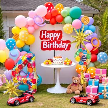 Imagem de SNLN Decorações de aniversário de 4 anos de arco-íris para meninas, enormes números 4 e 4D, feliz aniversário e estrela explosiva, borla, arco-íris, arco de balão, kit para decoração de aniversário de