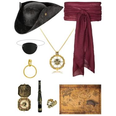 Imagem de Conjunto de chapéu de pirata de tricórnio vintage masculino e feminino com colar, faixa de pirata, conjunto de acessórios de cinto, Preto, tamanho �nico