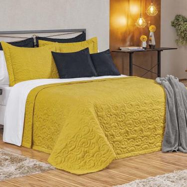 Imagem de Kit Cobre Leito Colcha Mabelle Queen 3 Peças 400 Fios Bordado Mostarda