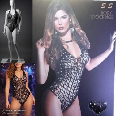 Imagem de Body Feminino Preto com Pedras Brilhosas Confortável Arrastão com Stra