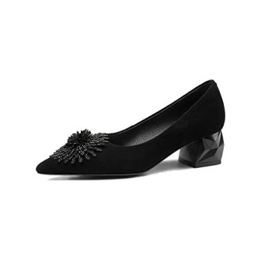 Imagem de TinaCus Sapato feminino bico fino de couro legítimo/camurça feito à mão com strass decoração floral salto baixo grosso, Preto/Camurça, 6.5