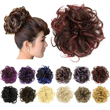 Imagem de IMISSU 2PCS de cabelo bagunçado coque updo scrunchies falsos rabo de cavalo extensão de cabelo ondulado encaracolado chignon faixa de cabeça para meninas (2PCS Borgonha marrom)