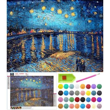 Imagem de Kits de pintura de diamante para adultos iniciantes e crianças, pinturas famosas de Van Gogh 5D pinturas em mosaico de diamante de perfuração completa faça você mesmo para decoração de parede de casa, tela de 30 x 40 cm (noite estrelada sobre o rolo)