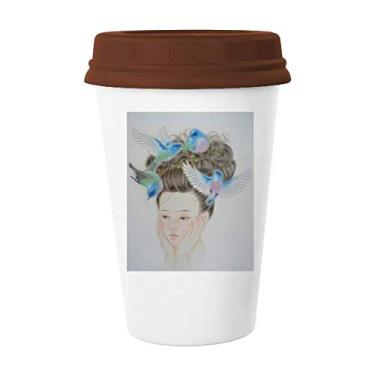 Imagem de Pretty Girl Caneca de pintura chinesa de pássaro azul para copo de cerâmica