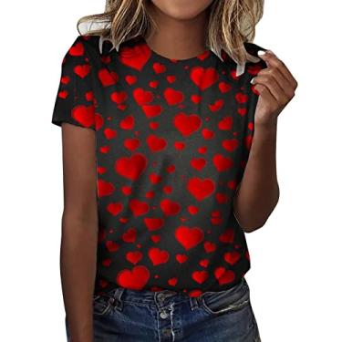 Imagem de Camisetas femininas para o dia dos namorados com estampa cinza de coração de amor solto blusa leve com bloco de cores, Vermelho, GG