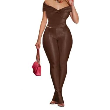 Imagem de Rimhold Conjunto de calça feminina sexy de verão de 2 peças, ombro de fora, nó torcido, blusa de manga curta e calça rodada ao corpo, roupa de boate, Café, X-Large