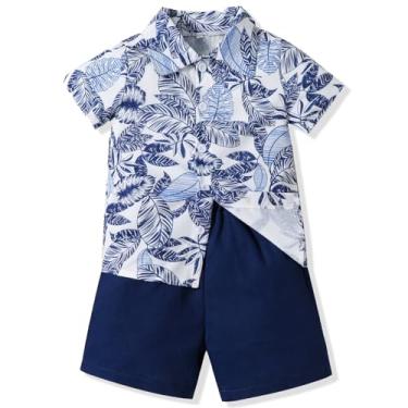 Imagem de Kionio Conjunto de shorts para bebês meninos, camisas havaianas com botões, shorts lisos, roupas de verão estampadas, conjuntos de roupas para meninos, #2 Folha azul royal, 12-18 Meses