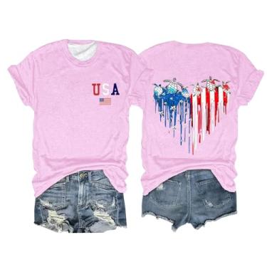 Imagem de Camiseta feminina com bandeira americana Dia da Independência 4 de julho top patriótico coração gráfico túnica verão blusa solta casual, rosa, 3G