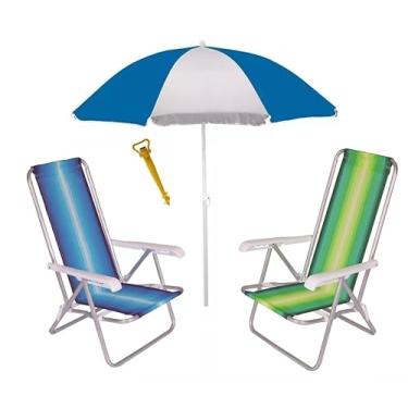Imagem de Kit 2 Cadeira Reclinável 4 Posições Alumínio + Guarda Sol 1,80 m Aço + Saca Areia - Mor - Azul