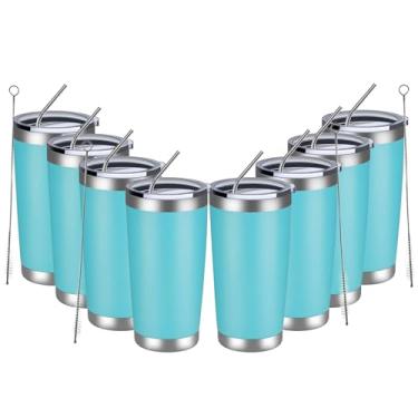 Imagem de MEWAY Copo de 590 ml, pacote com 8 canecas de viagem isoladas a vácuo de parede dupla, copos de aço inoxidável com tampa e canudo, xícaras de café duráveis revestidas em pó para bebidas frias e