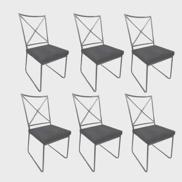 Imagem de Kit 06 Cadeiras Sala de Jantar Escritório Office Clark Industrial Ferro Prata Corino Bege - Ahz Móveis