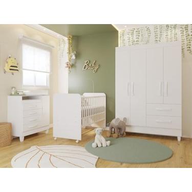 Imagem de Quarto Infantil Completo Com Berço Americano Com Grade De Proteção Conforto Com Cômoda Premium Infantil E Guarda Roupa Elegante Moderno Cantinho Do Bebê Aconchegante Com Colchão Cor Branco/MultiFlex