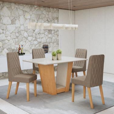 Imagem de Conjunto Apogeu 120cm Tampo MDF com Vidro e 4 Cadeiras Luar Amêndoa Clean/Off White/Animale Bege