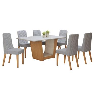Imagem de Conjunto Sala de Jantar 160cm Tampo MDF com Vidro e 6 Cadeiras  Amêndoa Clean/Off White/Cinza