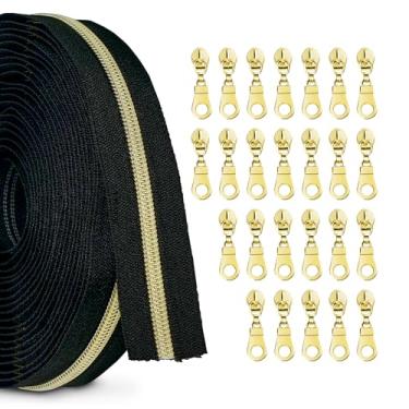 Imagem de zynzaoacs #5 Zíper Por Jarda Com Puxadores, Fita Preta Contínua (10 Jardas) E Puxadores De Metal Dourado À Prova Ferrugem (25 Unidades), Zíperes A Granel Para Costurar Bolsas Carteiras, Rolo Nylon C