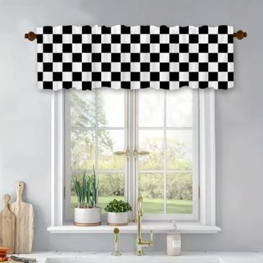 Imagem de Cortinas pretas e brancas para janela com textura xadrez moderna retrô para sala de estar, quarto, banheiro, varão, bolso, cortinas de poliéster 137 x 45 cm