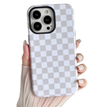 Imagem de Longlayss Capa de telefone compatível com iPhone 14 Pro Max, linda e estética quadriculada, para mulheres, meninas, à prova de choque, fina, TPU e capa protetora de policarbonato rígido (branco antigo