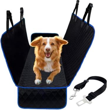 Imagem de Capa Protetora Carro Pet Impermeável Antiderrapante 133×44cm Abas Laterais Resistente Grande Banco Traseiro Fácil de Limpar e Instalar Cachorro Gato + Cinto de Segurança 0007 (Preto e Azul)