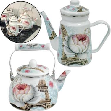 Imagem de Kit 02 pçs bule com chaleira esmaltados premium c/ indução a5 importad